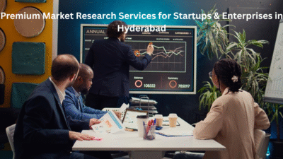 Market research professionals analyzing data and business growth charts during a strategy meeting for startups and enterprises in Hyderabad