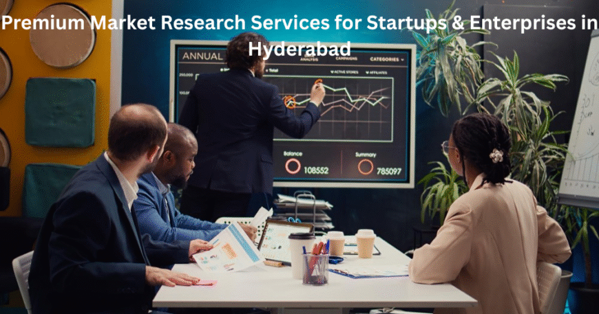 Market research professionals analyzing data and business growth charts during a strategy meeting for startups and enterprises in Hyderabad