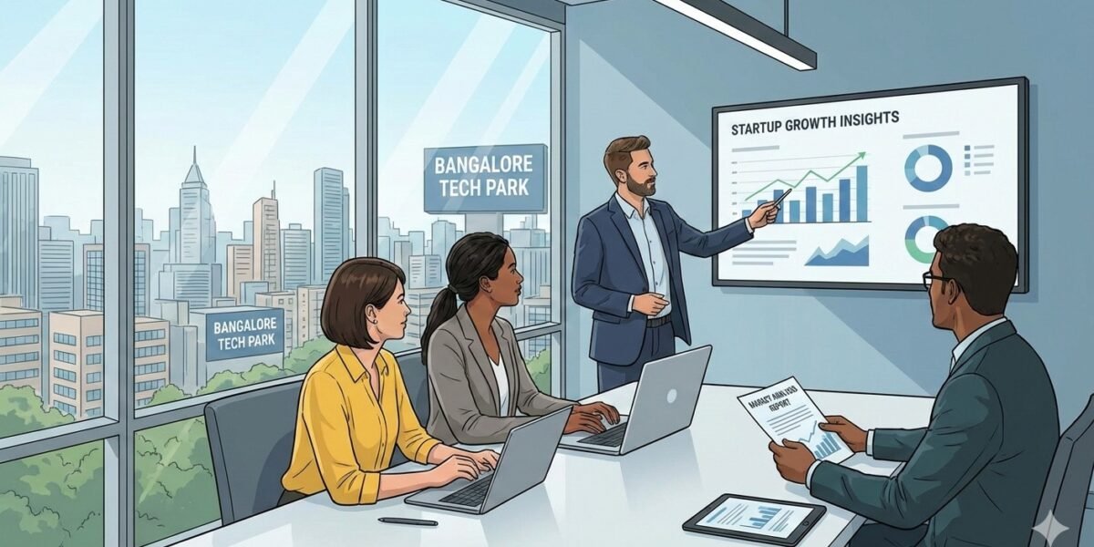 Business team discussing startup growth insights during a meeting at Bangalore Tech Park office