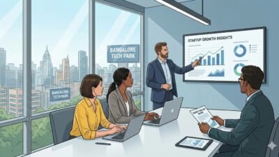 Business team discussing startup growth insights during a meeting at Bangalore Tech Park office