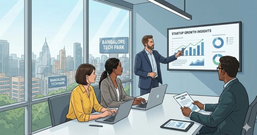 Business team discussing startup growth insights during a meeting at Bangalore Tech Park office