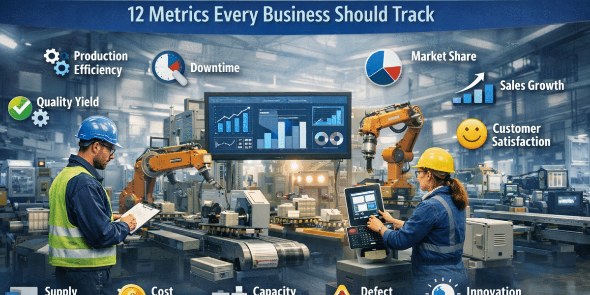 Market Research in the Manufacturing Sector showing factory machinery and key business performance metrics dashboard