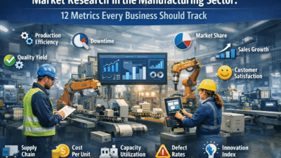 Market Research in the Manufacturing Sector showing factory machinery and key business performance metrics dashboard