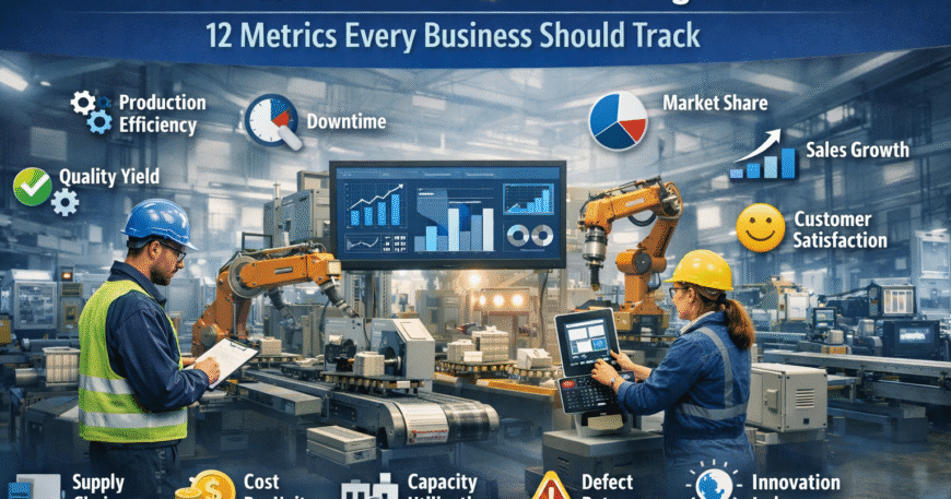 Market Research in the Manufacturing Sector showing factory machinery and key business performance metrics dashboard