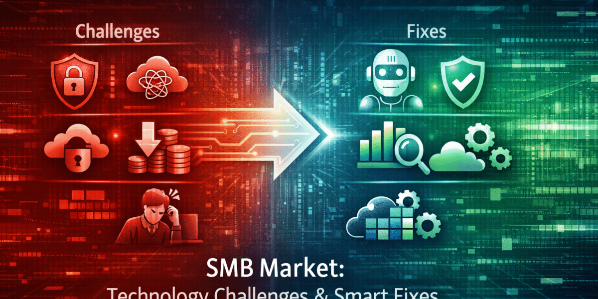 SMB market technology challenges and solutions including cybersecurity, cloud complexity, high costs, and AI-driven fixes