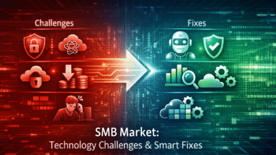 SMB market technology challenges and solutions including cybersecurity, cloud complexity, high costs, and AI-driven fixes
