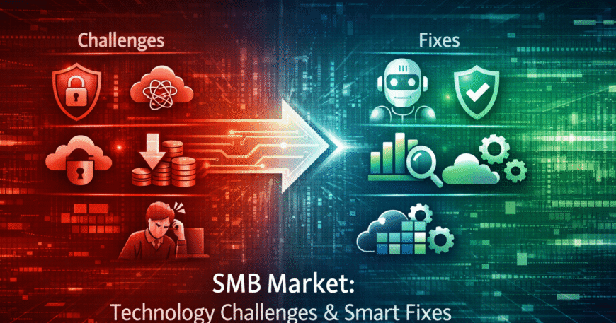 SMB market technology challenges and solutions including cybersecurity, cloud complexity, high costs, and AI-driven fixes