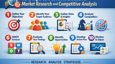 Market research and competitive analysis process illustration for business strategy