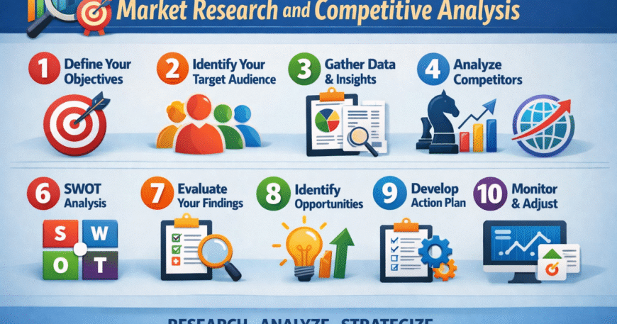 Market research and competitive analysis process illustration for business strategy