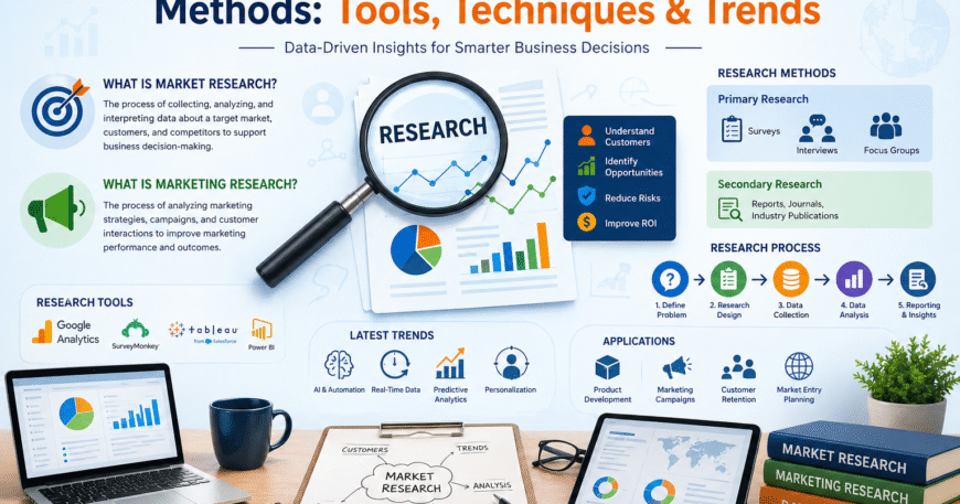 Market research and marketing research infographic showing tools techniques trends and data driven insights