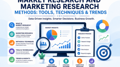 Market research and marketing research methods tools techniques and trends infographic for business insights