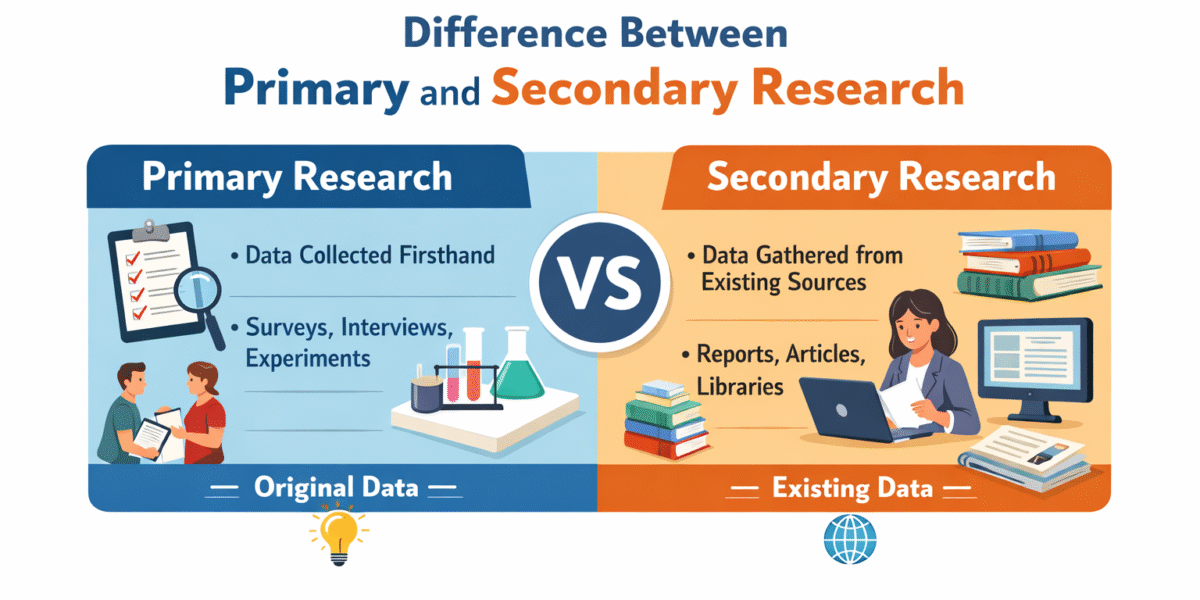 Infographic showing the difference between primary and secondary research with key points and examples