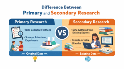 Infographic showing the difference between primary and secondary research with key points and examples