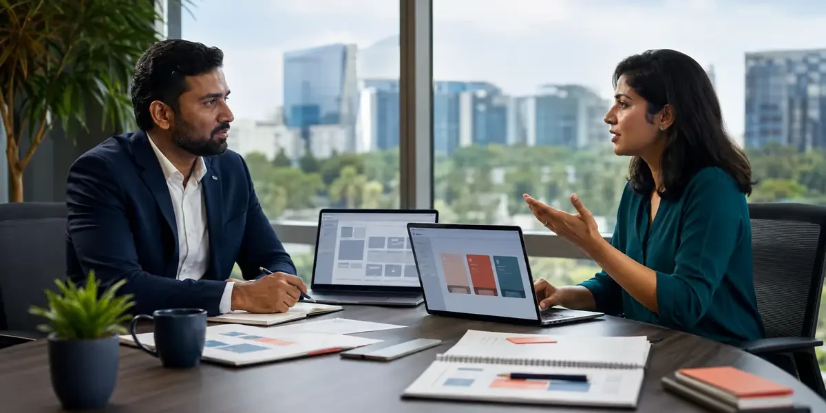 SaaS researcher interviewing an enterprise technology buyer in a Bangalore office