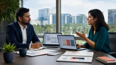 SaaS researcher interviewing an enterprise technology buyer in a Bangalore office