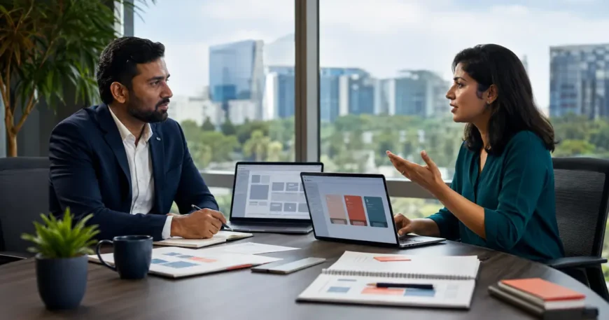 SaaS researcher interviewing an enterprise technology buyer in a Bangalore office