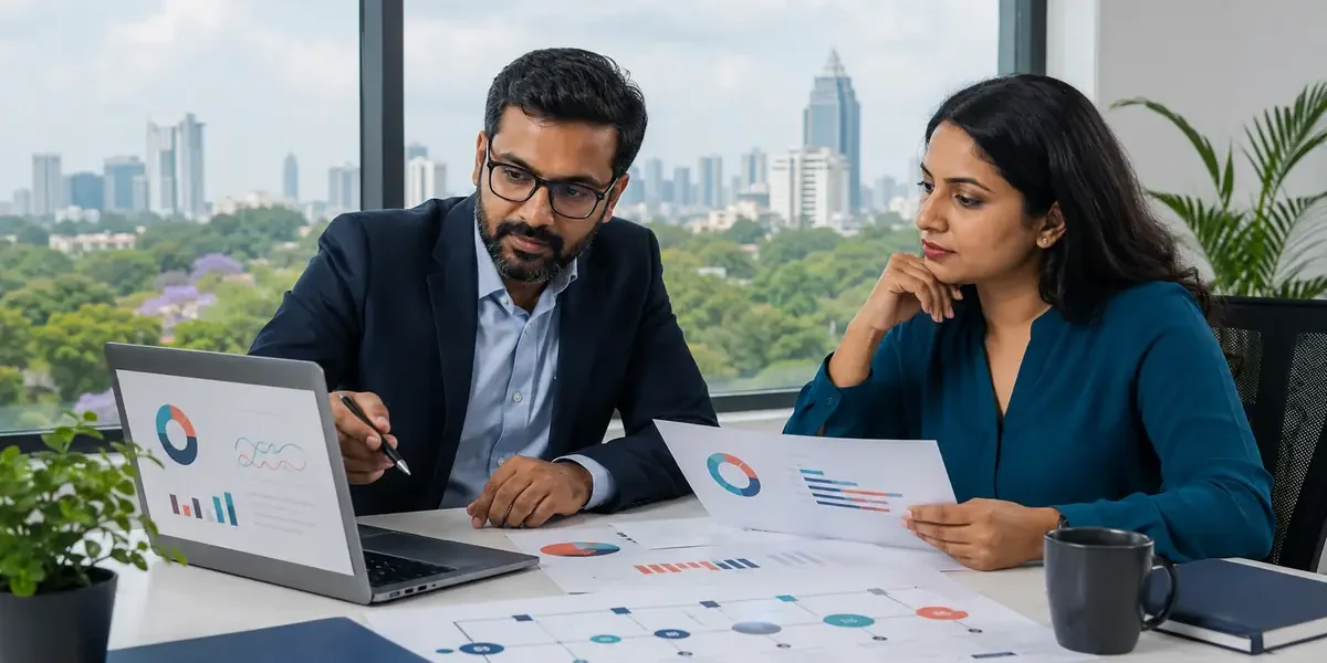 Research team reviewing a market research budget and timeline in a Bangalore office