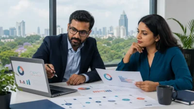 Research team reviewing a market research budget and timeline in a Bangalore office