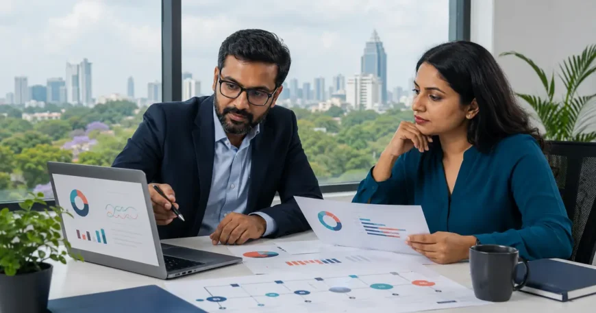 Research team reviewing a market research budget and timeline in a Bangalore office