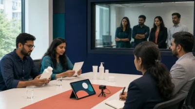 Participants evaluating product prototypes in a controlled Bangalore research facility
