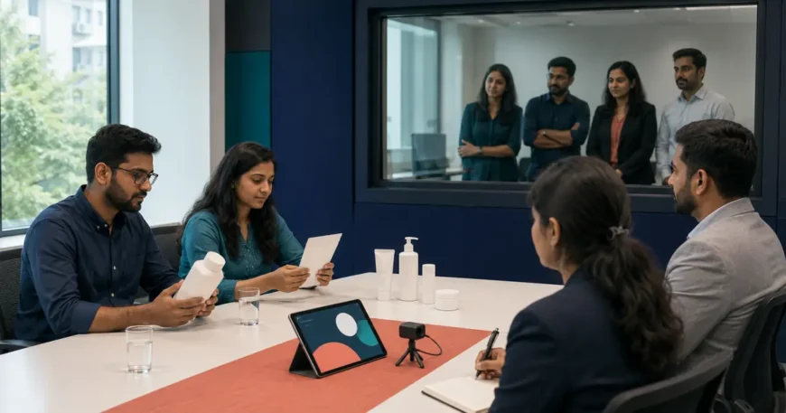 Participants evaluating product prototypes in a controlled Bangalore research facility