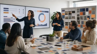Research team connecting customer satisfaction metrics with feedback and behavioural insights