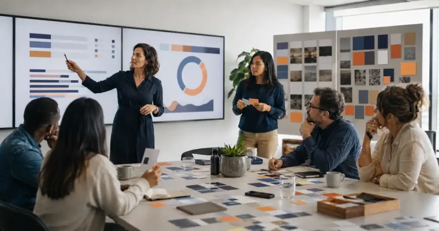 Research team connecting customer satisfaction metrics with feedback and behavioural insights